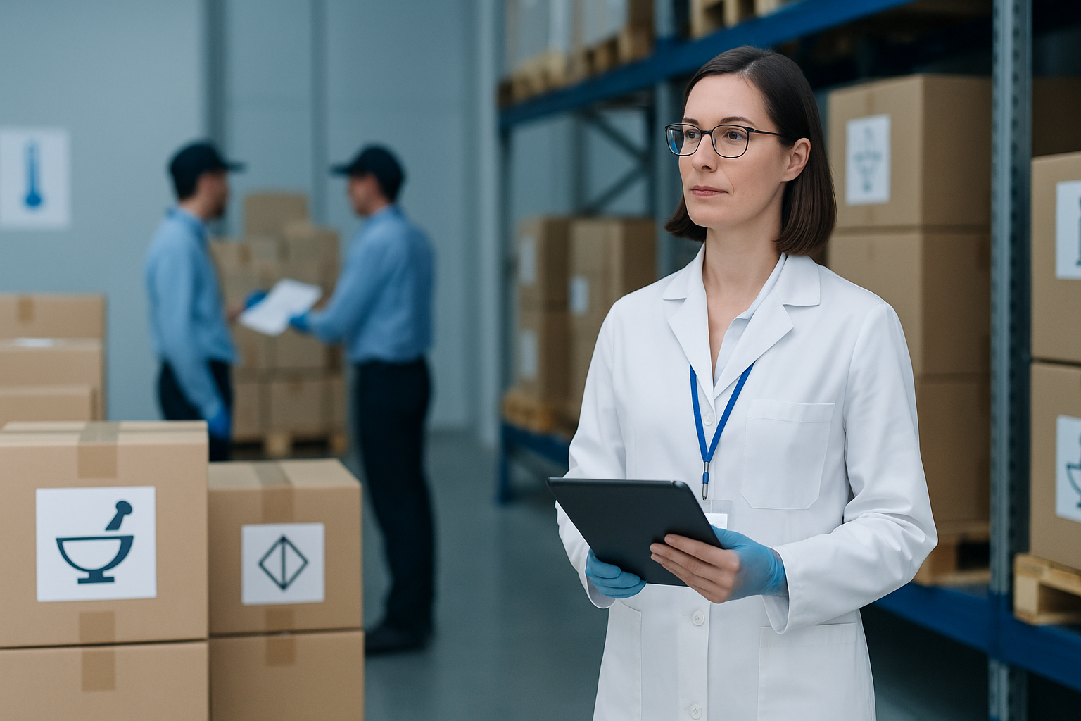 Farmacêutica responsável técnica supervisionando a logística farmacêutica em uma transportadora moderna. Ela usa jaleco branco e crachá enquanto confere relatórios em um tablet, com caixas e paletes identificados com símbolos farmacêuticos e sinalização de controle de temperatura.