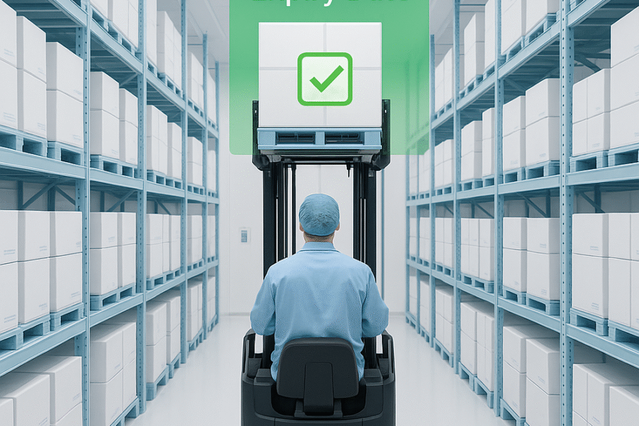 Operação de Gestão de Estoque Farmacêutico utilizando lógica FEFO e sistema WMS para controle de validade e lotes.