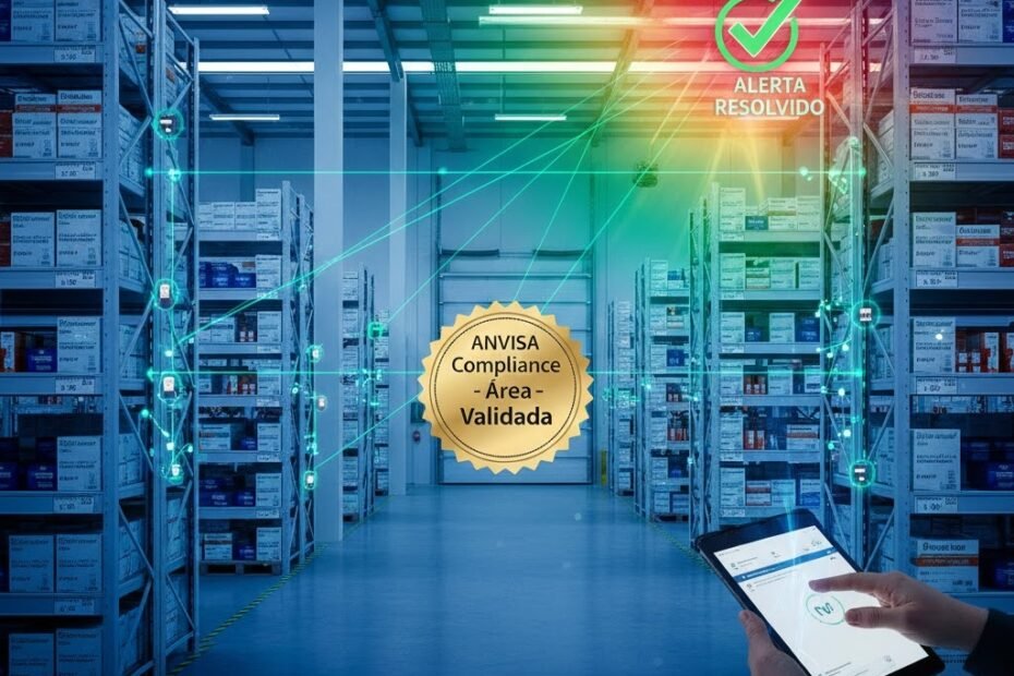 Mapeamento Térmico em armazém farmacêutico com visualização de mapa de calor identificando pontos críticos de temperatura.