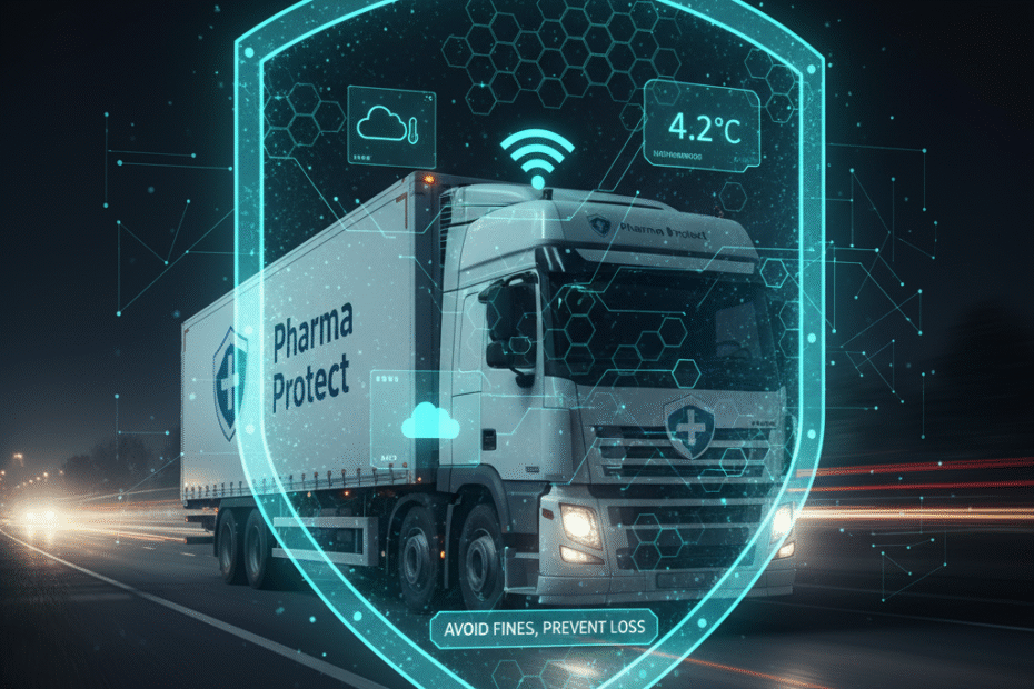 Caminhão de logística farmacêutica sob escudo digital de Monitoramento de Temperatura IoT, exibindo 4.2°C, simbolizando proteção contra perdas.