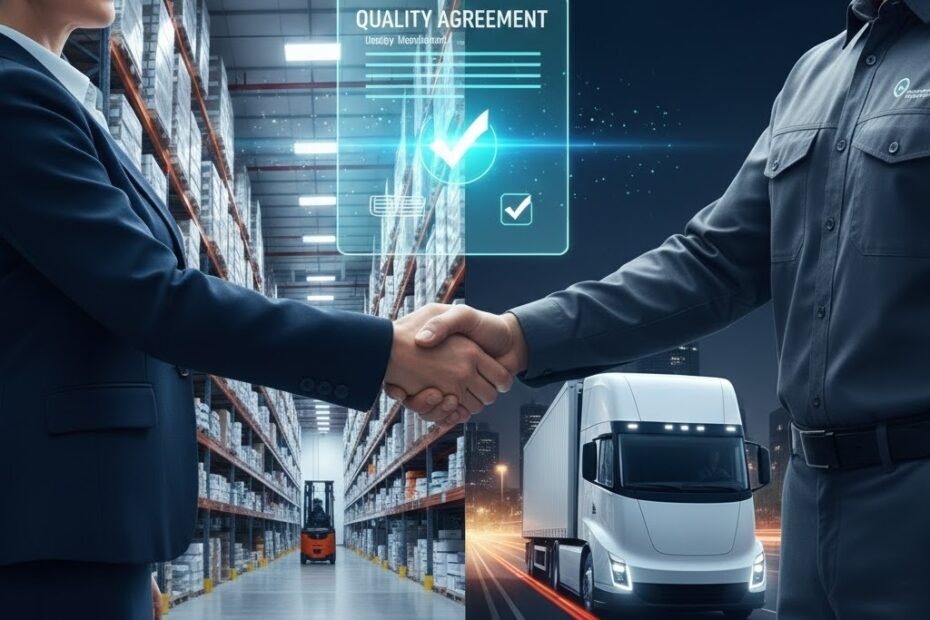 Aperto de mão corporativo selando a Qualificação de Transportadoras com um Acordo de Qualidade digital validado, unindo armazém e transporte farmacêutico.