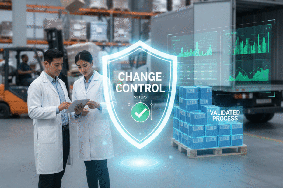 Farmacêuticos de Garantia da Qualidade inspecionando um armazém. Um escudo digital com o texto **Controle de Mudanças** é projetado sobre pallets de medicamentos, simbolizando a proteção de processos logísticos validados e a manutenção da conformidade.