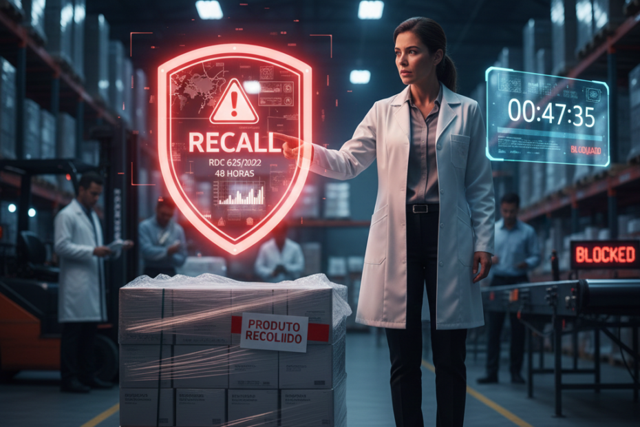 Urgência do **Recolhimento de Medicamentos** (Recall) sob a RDC 625/2022. Um gerente de qualidade rastreia lotes em um armazém com um relógio em contagem regressiva, destacando a necessidade de ação em 48 horas.